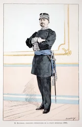 オノラ、市警の部門検査官（1884年）。アルフレッド・レイによるセーヌ川警部のルイ・ルピーヌ（1846-1933）の後援で出版された本「平和の戦士たちの歴史」の挿絵のためのカラーエッチング。