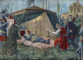 百年戦争: "La mort de Bernard du Guesclin (1320-1380) devant Chateauneuf de Randon le 13/07/1380" - デュゲスクランの死（1380年7月13日、シャトーヌフ・ド・ランドン包囲戦の最中） - 1921年8月7日 "Le pelerin" に掲載された挿絵。