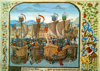 百年戦争：「1340年6月20日、ヴァロワ家のフランス人フィリップ6世とエドワード3世のイギリス人との間で行われたエクリュス（オランダ）での海戦」15世紀のジャン・フロワサール（1337-1400）の「年代記」から引用されたミニチュア。パリB.N