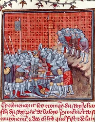 百年戦争：「戦闘中のフランス王ジョン2世（1319～1364年）」 ジャン・フロワサール（1337～1400年）の「フランス大年代記」から引用されたミニチュア 14世紀 シャンティイ、コンデ美術館蔵