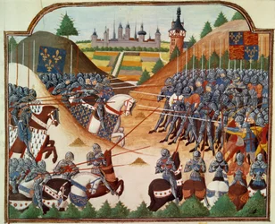百年戦争：1450年4月15日、フォルミニー（カルヴァドス）でのトーマス・キリエールとジャン・ド・クレルモンのイングランド軍との戦いを描いたもの。Marが編集したJean Chartierの年代記の中の「Vigiles du roi Charles VII」という写本から彩色されたミニチュア。