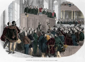 1848年ハンガリー革命：1848年7月5日にハンガリーで開かれた国民議会の最初の会合。J・ボルデニ著『ハンガリー史』所収の版画、パリ、1853年