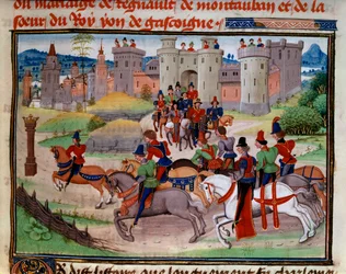 狩猟の場面。Loyset Liedet（1448-1478年に活躍）の手稿「Renaud de Montauban」または「Les quatre fils Aymon」のミニチュア。Ms.5073。15世紀 パリ、アルセナル図書館