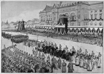 1894年に行われたツァーリンドル3世の葬儀を描いたイラスト。"The Illustrated World"
