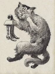 フランスの作家、シャルル・ペロー（1628-1703）の物語「Le chat Botte」の挿絵。匿名のイラスト。イメージ：Marcel Vagne、Jarville Nancy、年代不詳（19世紀後半）。