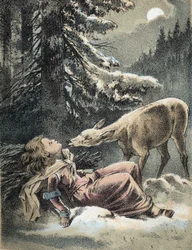フランツ・ホフマンの物語「物語と寓話-Von Weifsh¿ndchen und breitf¿fschen」のイラスト：雪の中で気絶した少女と鹿。19世紀のクロモリトグラフ。