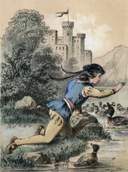 フランツ・ホフマンの物語「Tales et Fables - Les 3 princes」のイラストです。アヒルから鍵を受け取る王子。19世紀のクロモリトグラフ。