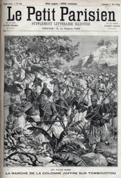 フランス植民地：ジョセフ・ジョッフル将軍（1852-1931）とスパイスの軍隊の隊列がティンブクトゥ（マリ）に進軍。"Le Parisien "に掲載された版画