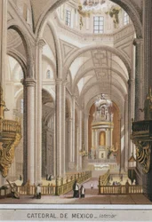 メキシコ・シティのグアダラハラ大聖堂の内観。クロモリトグラフ 1880年頃