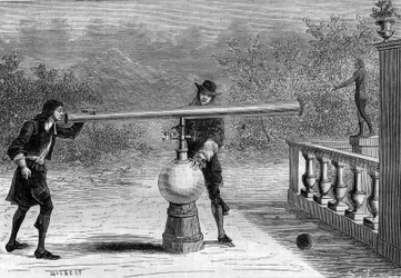 発明。ドイツの発明家、オットー・フォン・ゲリッケ（Otto de Guericke）（1602-1686）によるサルバカン（空気銃）。"La Nature "に掲載された版画