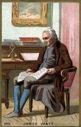 ジェームズ・ワット（1736 -1819）のオフィスにて。19世紀のカラーリトグラフ。