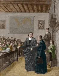 Jean Baptiste De La Salle (Jean-Baptiste) (1651-1719) フランスの宗教家、キリスト教学校の兄弟の集会の創設者、M de La Chetardieに自分の学校の一つを見せる。19世紀末のエングレーヴィング。