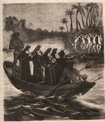 1553年、パラグアイのグアラニー族に船で到着したイエズス会の宣教師たち - ピエール・ザッコーネ（1817-1895）の「History of Secrete, Political and Religious Societes」に掲載された1879年のエングレービング