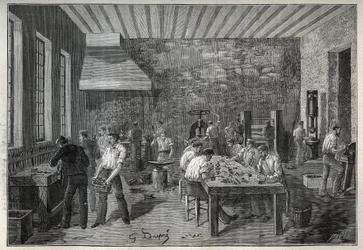 ジュエリー：スチールジュエリー工場Adolphe BITARDの "Les arts et metiers illustres "に掲載された1885年のエングレーヴィング。