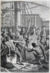 サミュエル・ウォリス（1728-1795）のポリネシアへの旅：鏡による土着のエトネ - "The Great Mariners of 18th century "から引用したイラスト