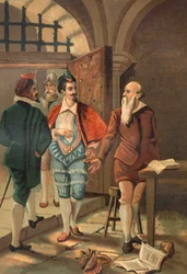 ヘンリー3世とベルナルド・パリシー（1510 - 1589）。ルイ・フィギエの「La Ciencia y sus Hombres」を基にした19世紀末のクロモリトグラフ。バルセロナ 1881年
