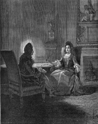 国王ルイ14世（1638-1715）が後妻のマントノン夫人（フランソワーズ・ドービーニュ、マントノン侯爵夫人）（1635-1716）と話している様子。19世紀のエングレーヴィング。ジュール・ミシュレ著「フランス史」より
