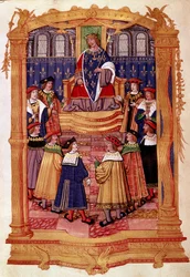 国王ルイ11世（1423-1483）と聖ミカエル騎士団 15世紀 ミラノ、Biblioteca Trivulziana所蔵の写本「聖ミカエル騎士団規約」のミニチュア