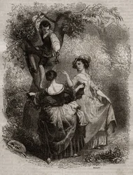 La cueillette des cherries - Jean-Jacques (Jean Jacques) Rousseau (1712-1778)の「告白の挿絵」-1849年の彫刻版