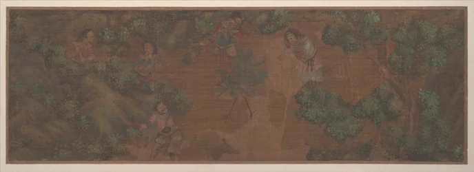 森の中の人物の風景画（アルバムリーフ、絹本、彩色）