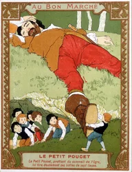 Le Petite Poucet took off his seven leagues boots to asoupi ogre - Bon Marché advertising label, end 19世紀