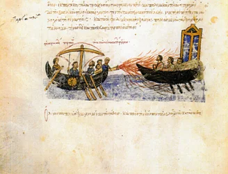 ""Le feu grégeois"" (Greek fire) ビザンチン艦隊は反乱軍に対してギリシャの火を使用 - "Synopsis historiarum""" または "Chroniques byzantines"" (王の歴史と 811 年から1057 ) ジョン (ヨハネスまたはジョン)