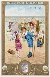 海辺のフランスの子供たちを描いたライビッヒのカード 1890年