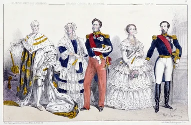 ブルボン家と帝国Charles X (1757-1836), Marie Amelie de Bourbon Sicily (1782-1866) and Louis Philippe I (1773-1850), Eugenie de Montijo (1826-1920) Napoleon III (1808-1873) - Plage extracted from Kings and Queens of France in prints, Paris, ed.Sw