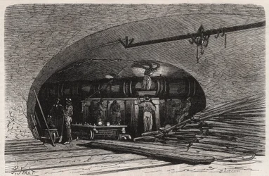 Les egouts de Paris: サン・ミシェル橋(Saint-Michel)近くのパイプの曲がり角、シャトレ広場 - Engraving In "Le Monde Illustré"