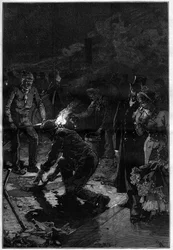 パリの街中にあるフランス劇場（Theatre-Francais or Comedie-Francise）の周りにアスファルトを敷き、夜のうちに建築現場の仕事を遂行する職人たち。Le Monde Illustre」に掲載された版画
