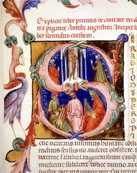 聖アウグスティヌスの "De civitate dei "の中で、異教徒が偶像を崇拝している様子を描いた細密画と "s "のレトリン、15世紀初頭。リミニの市立図書館。