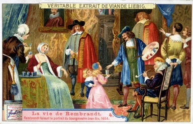 レンブラント（1606-1669）の生涯を描いたリービッヒのカラーリトグラフ。ここでは1654年に市長ジャン・シックスを描いています。
