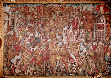 マケドニア王アレクサンダー大王（紀元前356～323年）の生涯と功績。15世紀のタペストリー。ローマ、Galleria Doria Pamphili