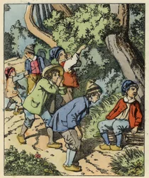 親に捨てられて森に迷い込んだ小さなプーセットとその兄弟。シャルル・ペローの物語「Le Pepetit Poucet」の挿絵