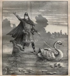 リヒャルト・ワーグナー（1813-1883）のオペラ「ローエングリン」のシーンで、白鳥の引くナセルに乗ったローエングリン - Engraving In "La Science francaise"