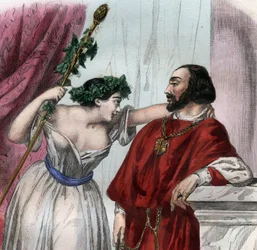 ルクレツィア・ボルジア（1480-1519）と弟のセザール・ボルジア。(Lucrezia and Cesare Borgia)。モーリス・ラシャトレによる「Histoire des popes: crimes, murders, poisoning, parricide, adulteres, incest...」に掲載された1842年のエングレーヴィング。個人蔵。