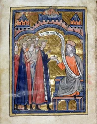 MS.Marlay.Add.1.f2b De Re Miliatari, 若いエドワード王子（1239-1307）とその仲間を迎えるヴェギティウス 1270年頃（ベラム）