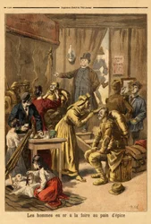 ジンジャーブレッド・フェアのための生活画「金の男たち」の役者の化粧。Le petit journal」16-04-1894に掲載されたエングレーヴィング。セルバのコレクション。