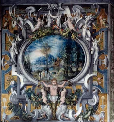 ローマの英雄たちの部屋にあるジュール・セザールへの賛辞の煙突のマント 匿名の絵画。1547年頃国立ルネッサンス博物館