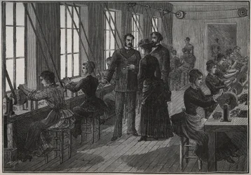 金属製の羽の製造：19世紀のフランスの研ぎ師の工房。Adolphe BITARDの "Les arts et metiers illustres "に掲載された1885年のエングレーヴィング。