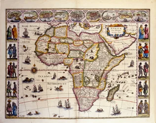 William Blaeuのアトラスからのアフリカの地図。上部にはタンジェ、セウタ、アルジェ、チュニス、アレキサンドリア、アルケアー、モザンビーク、サン・ジョルジュ・ド・ラ・ミナ、カナリア諸島の都市が描かれています。また、アフリカ沖には様々な島々が表現されており、マスケリーニュ諸島、マダ