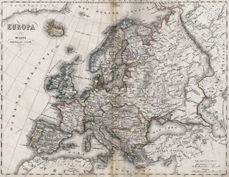 ヨーロッパの地図。19世紀後半のもの。イタリアのアトラス。スタビリメント・シベリ。ミラノ。