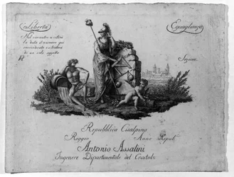 1797年6月27日にナポレオン・ボナパルトがイタリアでフランスをモデルにして作ったシサルピーナ共和国(Cisalpina)の地図で、1802年にイタリア共和国になっています。そこにはフランス共和国の価値観（Liberte, Egalite）が謳われている。エングレービング Museo del ris