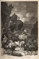 皇帝テオドロス（1818-1868年頃）の軍隊に続いてダランタ高原に向かうイギリス軍の行進、砲弾運搬用の象も一緒に。ヘンリー・ブラン博士による物語「テオドロスの捕虜」を説明するためのエングレーヴィング。