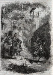 マルフィズ（マルフィサ）と老婆がピナベル（ピナベロ）に出会う-1851年の版画、アリオスタとして知られるルドヴィコ・アリオストの「激情のロラン」（Orlando furioso）（16世紀）より-トレッサン伯爵がイタリア語から翻訳して出版された版
