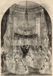 アルフォンス・ド・ロートシルト男爵(1827-1905)とレオノーラ・ド・ロートシルト(1837-1911)の結婚。メアリーは床に飲み物を投げることを覚えた。"broken glass "と呼ばれるユダヤ人の結婚の最終段階である。3月の「イラストレイテッド・ロンドン・ニュース」に掲載された図版