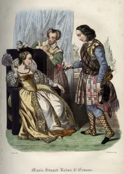 スコットランドの女王メアリー（スコットランドのメアリー1世）（マリー・アイレ・スチュアート）（1542年～1587年）。モーリス・ラシャトレの『教皇の歴史』に掲載された1842年の版画。個人蔵。
