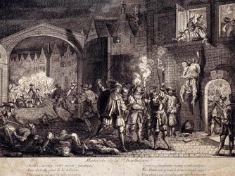 1572年8月24日の夜、パリで行われたサン・バルテルミー（聖バルテルミー）の虐殺。16世紀のエングレーヴィング。ポー、ミュゼ・デュ・シャトー
