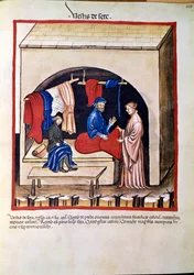 薬の売買：「絹織物の商人」 「Tacuinum sanitatis」（Cod.ser.nov.2644）より引用 1400年頃 ウィーン、オスターリッシュ国立聖書館