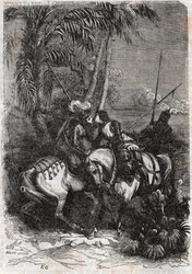 マルフィス（Marfisa）、アストルフェ（Astolfo）、サンソネット（Sansonetto）の出会い-1851年の版画（ルドヴィコ・アリオストの「Roland furieux」（Orlando furioso）（16世紀）より）、通称「アリオスタ」-トレッサン伯爵がイタリア語から翻訳した版。